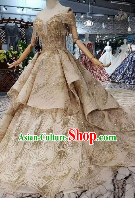 Handmade Customize Golden Tassel Embroidered Trailing Wedding Dress Court Princess Bride Costume for Women