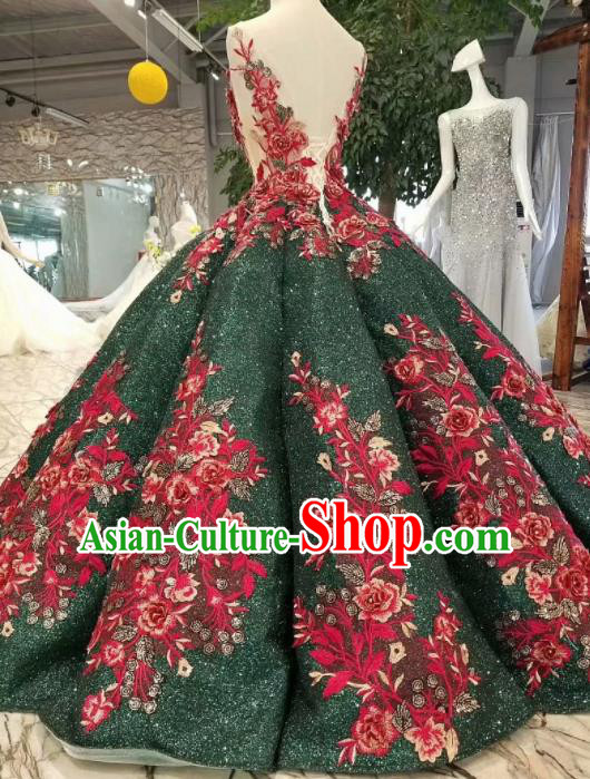 Top Grade Customize Catwalks Embroidered Atrovirens Full Dress Court Princess Waltz Dance Costume for Women