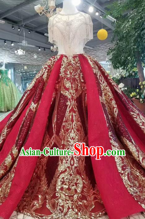 Top Grade Customize Catwalks Embroidered Wine Red Full Dress Court Princess Waltz Dance Costume for Women