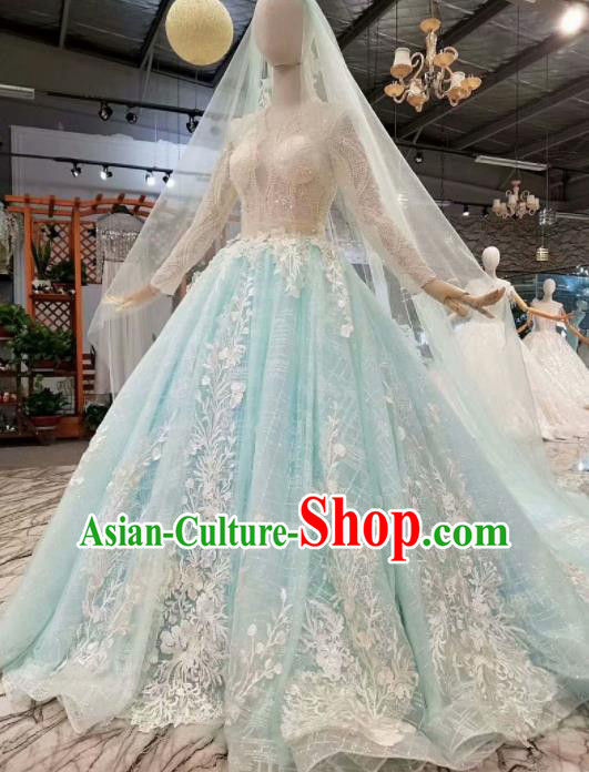 Top Grade Customize Catwalks Blue Veil Trailing Full Dress Court Princess Waltz Dance Costume for Women