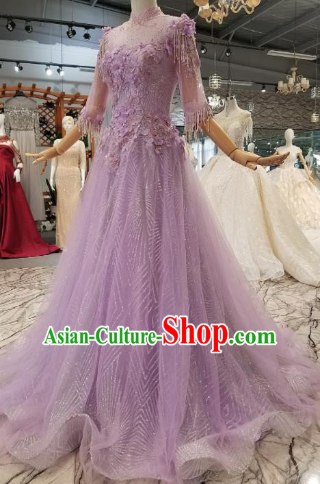 Top Grade Customize Modern Fancywork Purple Veil Full Dress Court Princess Waltz Dance Costume for Women