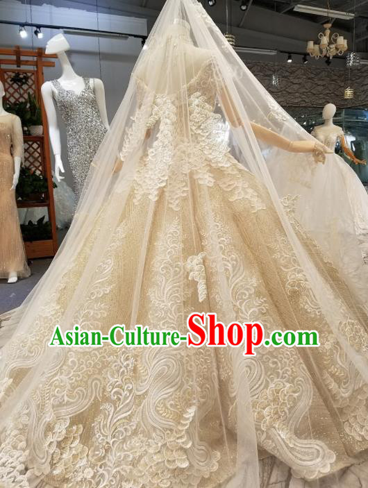 Customize Handmade Princess Embroidered Champagne Veil Trailing Dress Wedding Court Bride Costume for Women
