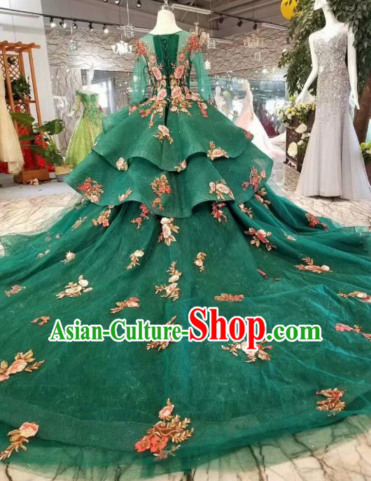 Top Grade Customize Embroidered Peony Green Trailing Full Dress Court Princess Waltz Dance Costume for Women