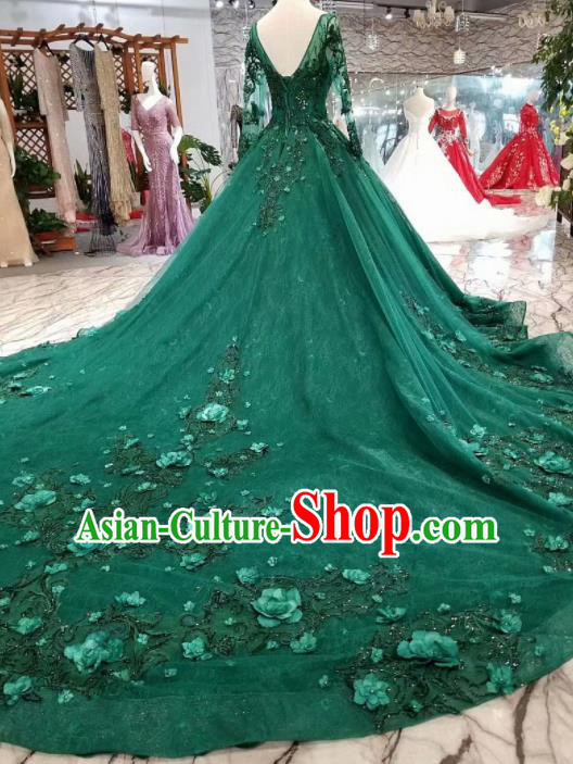 Top Grade Customize Embroidered Green Veil Trailing Full Dress Court Princess Waltz Dance Costume for Women