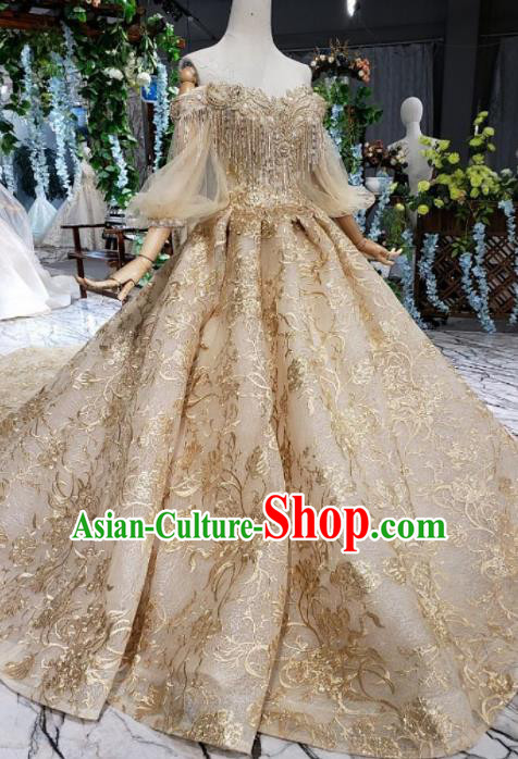 Customize Embroidered Golden Veil Trailing Full Dress Top Grade Court Princess Waltz Dance Costume for Women