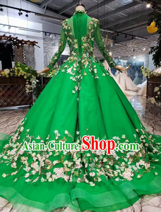 Customize Embroidered Green Veil Trailing Full Dress Top Grade Court Princess Waltz Dance Costume for Women