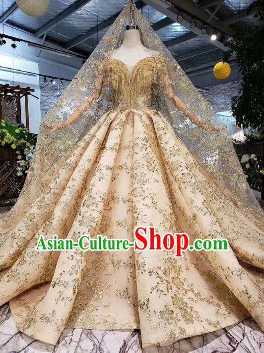 Customize Embroidered Golden Tassel Trailing Full Dress Top Grade Court Princess Waltz Dance Costume for Women
