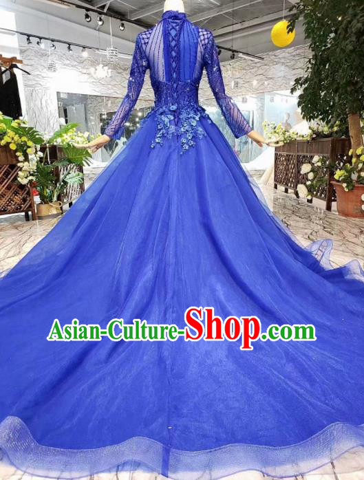 Customize Royalblue Veil Trailing Full Dress Top Grade Court Princess Waltz Dance Costume for Women