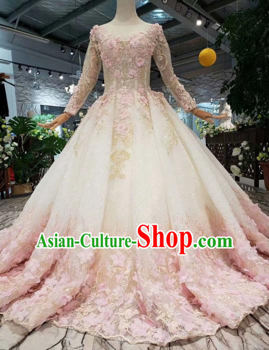 Customize Embroidered Pink Flowers Veil Trailing Full Dress Top Grade Court Princess Waltz Dance Costume for Women