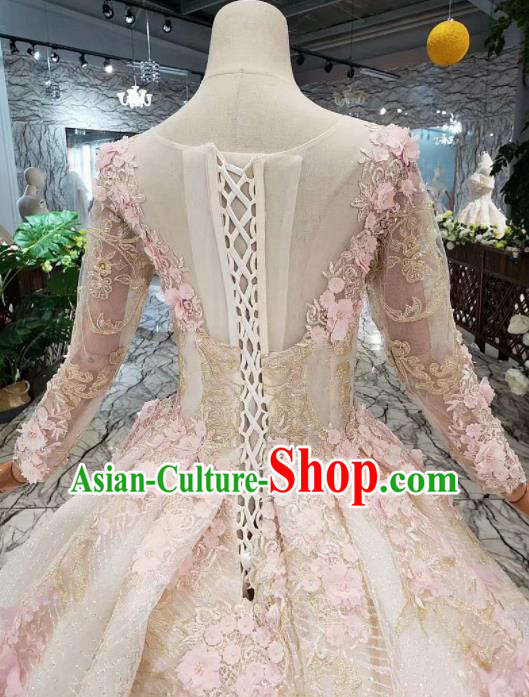 Customize Embroidered Pink Flowers Veil Trailing Full Dress Top Grade Court Princess Waltz Dance Costume for Women