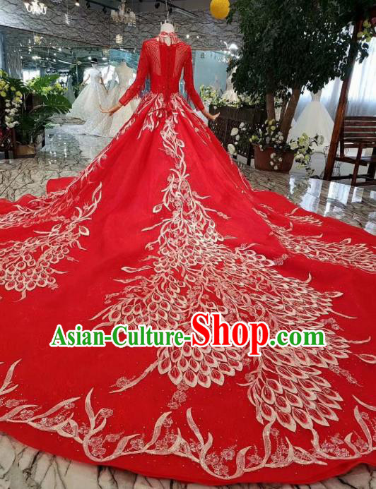 Chinese Customize Court Embroidered Red Veil Trailing Wedding Dress Top Grade Bride Costume for Women