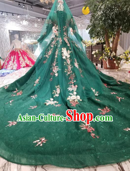 Customize Embroidered Green Veil Trailing Full Dress Top Grade Court Princess Waltz Dance Costume for Women
