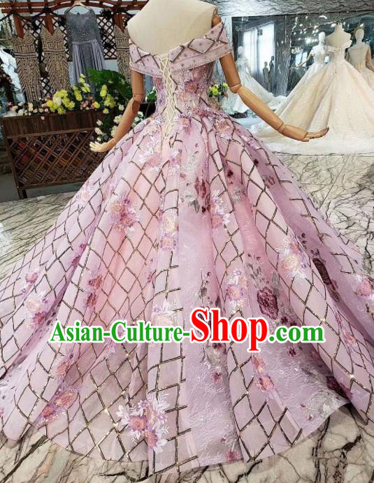Customize Embroidered Pink Veil Trailing Full Dress Top Grade Court Princess Waltz Dance Costume for Women