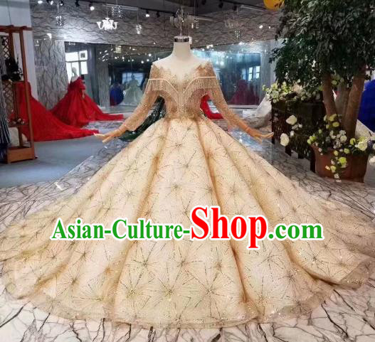 Customize Embroidered Yellow Veil Trailing Full Dress Top Grade Court Princess Waltz Dance Costume for Women