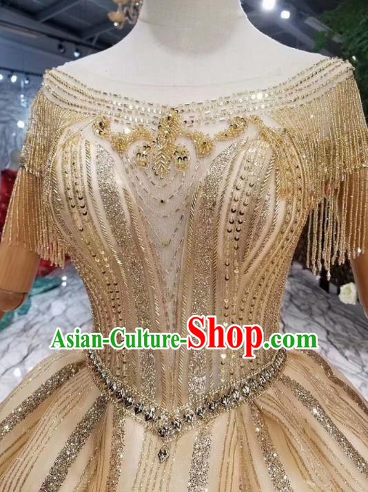 Customize Embroidered Beads Champagne Trailing Full Dress Top Grade Court Princess Waltz Dance Costume for Women