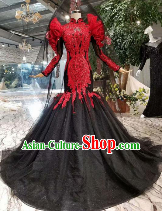 Top Grade Customize Catwalks Black Veil Mermaid Full Dress Court Princess Waltz Dance Costume for Women