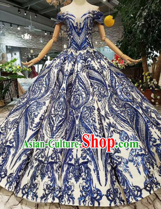 Top Grade Customize Catwalks Blue Full Dress Court Princess Waltz Dance Costume for Women