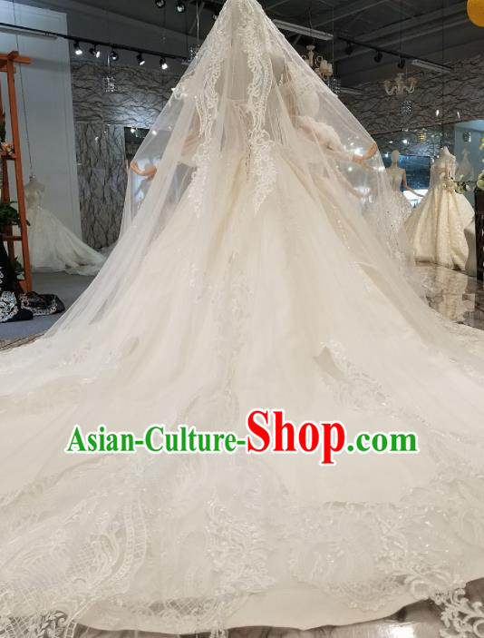 Customize Handmade Princess Embroidered White Lace Trailing Dress Wedding Court Bride Costume for Women