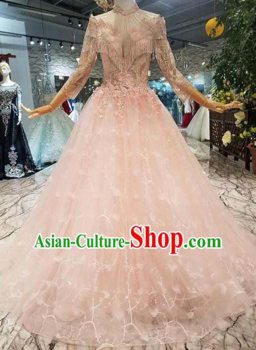 Top Grade Customize Modern Fancywork Pink Beads Tassel Full Dress Court Princess Waltz Dance Costume for Women
