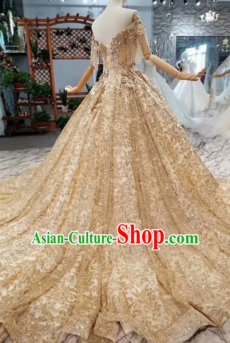 Customize Modern Fancywork Court Embroidered Golden Full Dress Top Grade Waltz Dance Costume for Women