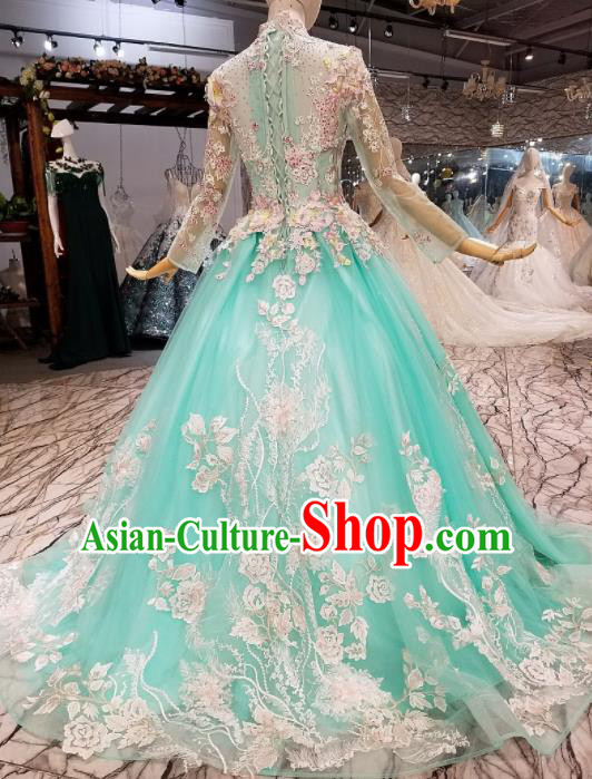 Customize Modern Fancywork Green Lace Full Dress Top Grade Waltz Dance Costume for Women