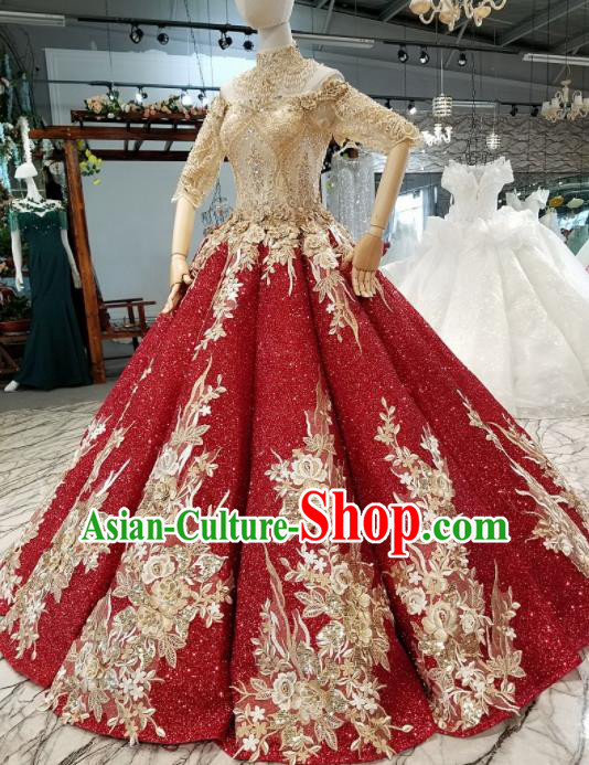 Top Grade Modern Fancywork Wine Red Sequins Full Dress Customize Waltz Dance Costume for Women