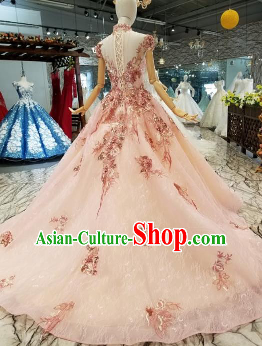 Top Grade Modern Fancywork Embroidered Pink Full Dress Customize Waltz Dance Costume for Women