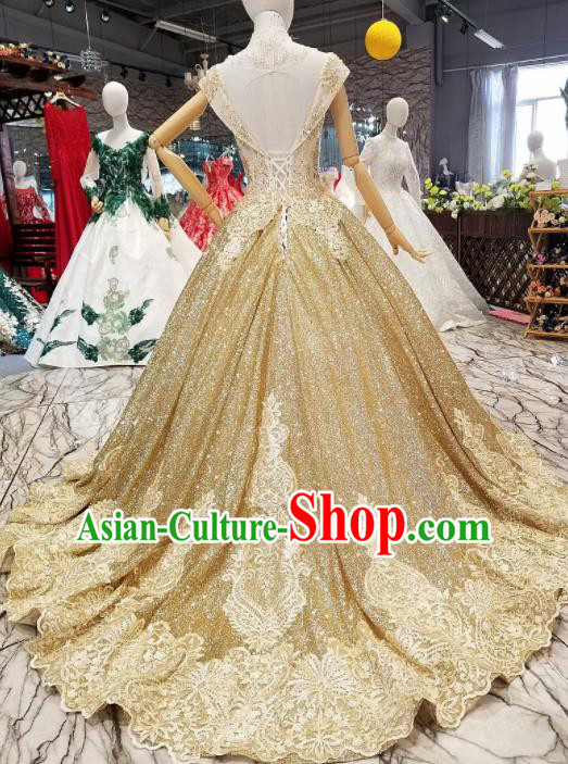 Top Grade Modern Fancywork Embroidered Golden Full Dress Customize Waltz Dance Costume for Women