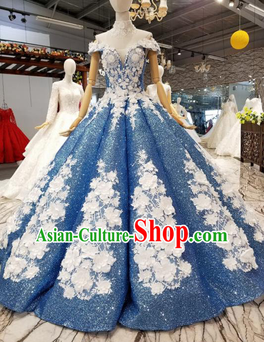 Top Grade Modern Fancywork Blue Sequins Full Dress Customize Waltz Dance Costume for Women