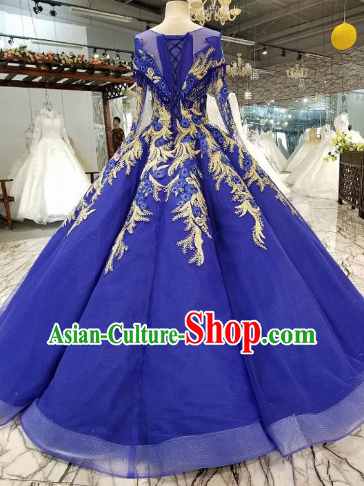 Top Grade Royalblue Veil Full Dress Customize Modern Fancywork Princess Waltz Dance Costume for Women