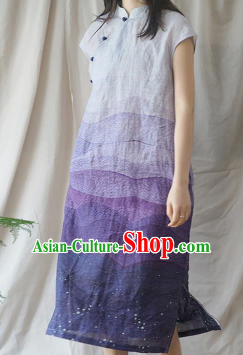 Chinese Traditional National Costume Purple Linen Qipao Dress Tang Suit Cheongsam for Women