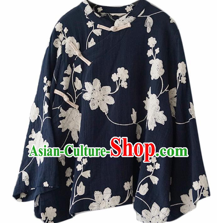 Chinese Traditional National Costume Embroidered Navy Blouse Tang Suit Upper Outer Garment for Women