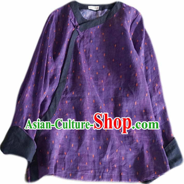 Chinese Traditional National Costume Purple Linen Blouse Tang Suit Upper Outer Garment for Women
