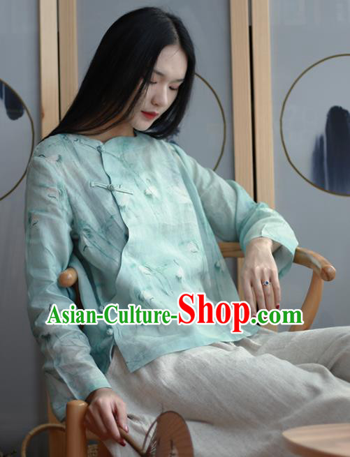 Chinese Traditional National Costume Light Blue Blouse Tang Suit Upper Outer Garment for Women