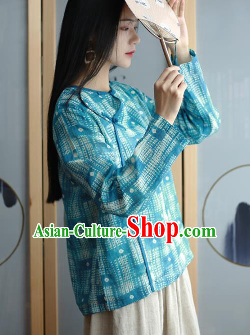 Chinese Traditional National Costume Blue Blouse Tang Suit Upper Outer Garment for Women