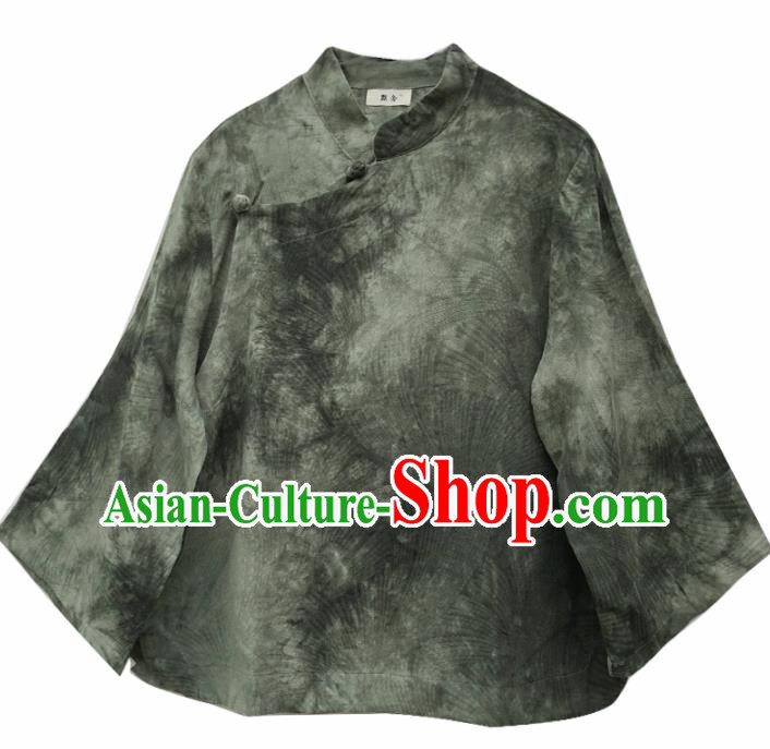 Chinese Traditional National Costume Printing Olive Green Blouse Tang Suit Upper Outer Garment for Women
