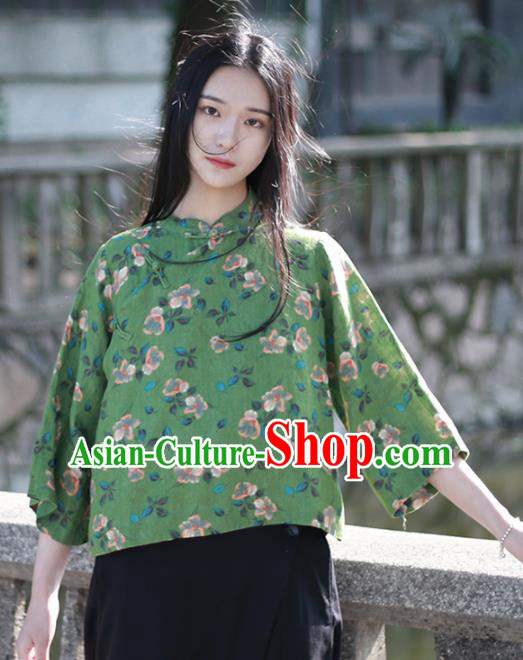 Chinese Traditional National Costume Printing Flowers Green Shirt Tang Suit Upper Outer Garment for Women