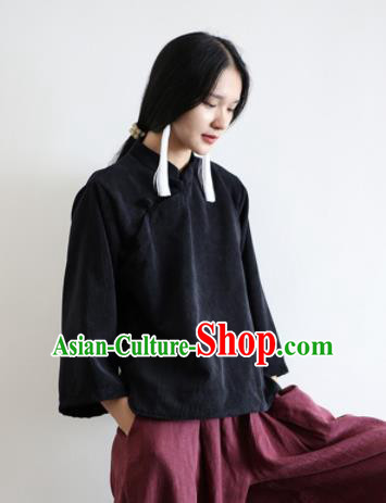Chinese Traditional National Costume Black Corduroy Jacket Tang Suit Upper Outer Garment for Women