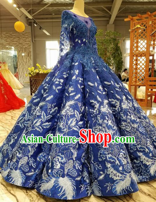 Top Grade Embroidered Royalblue Backless Full Dress Customize Modern Fancywork Princess Waltz Dance Costume for Women