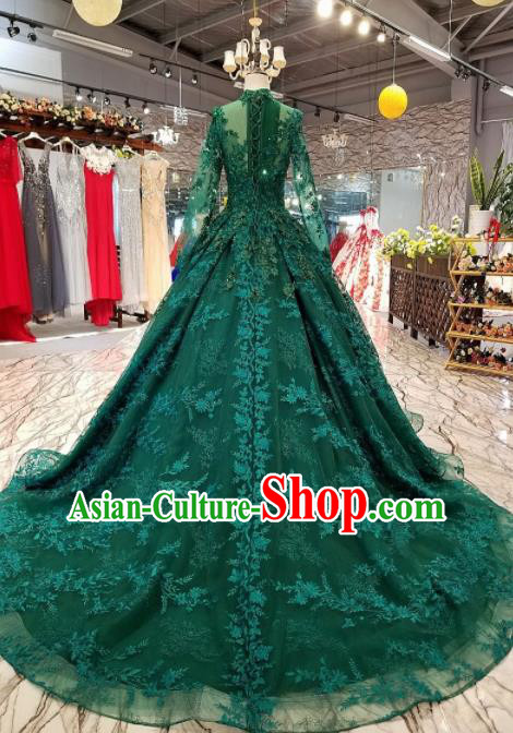 Top Grade Embroidered Deep Green Full Dress Customize Modern Fancywork Princess Waltz Dance Costume for Women