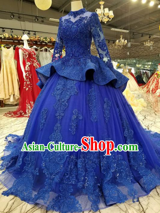 Top Grade Embroidered Royalblue Trailing Full Dress Customize Modern Fancywork Princess Waltz Dance Costume for Women
