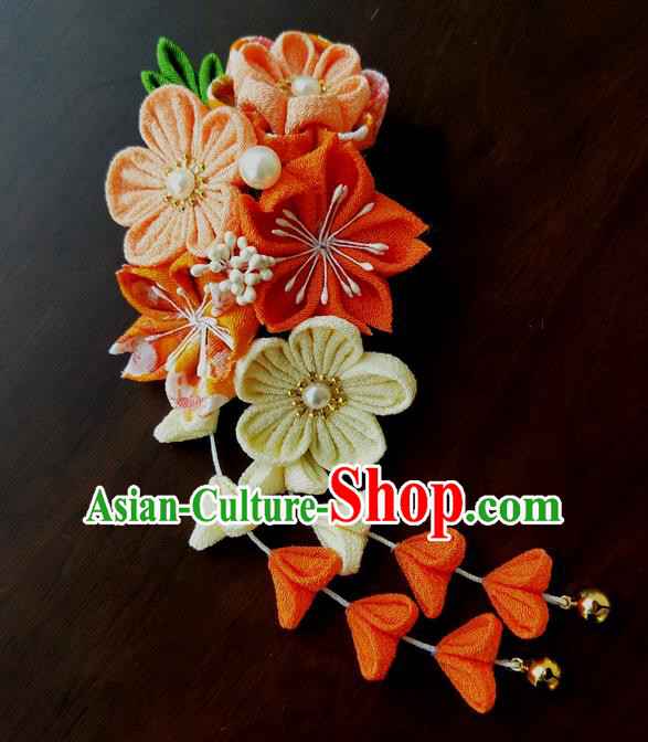 Traditional Japan Geisha Orange Sakura Tassel Hair Comb Japanese Kimono Hair Accessories for Women