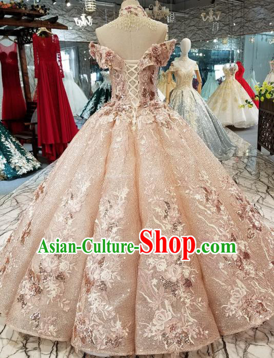Top Grade Modern Fancywork Court Princess Pink Paillette Full Dress Customize Waltz Dance Costume for Women