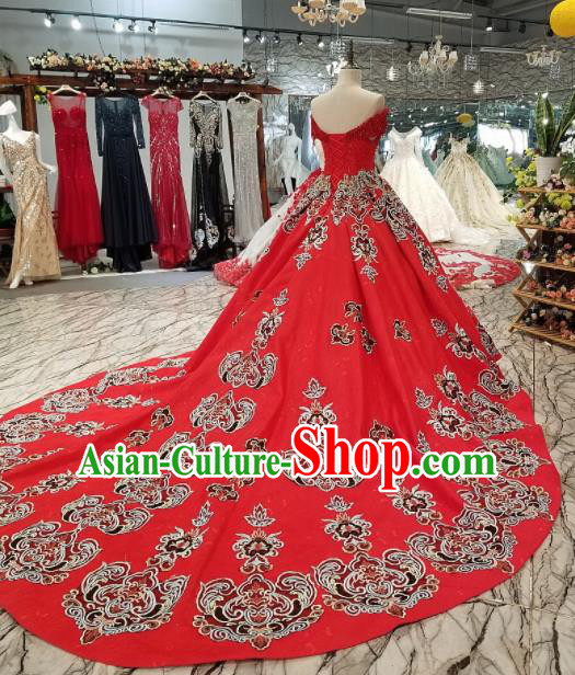 Top Grade Embroidered Flat Shouders Trailing Red Full Dress Customize Modern Fancywork Princess Waltz Dance Costume for Women