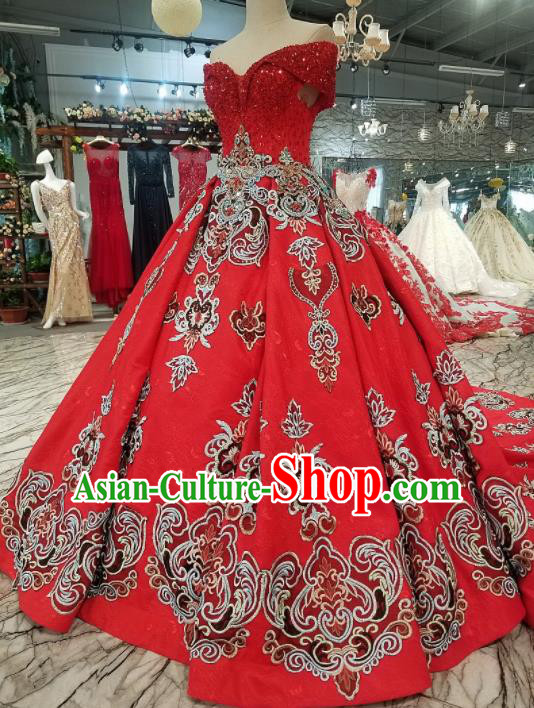 Top Grade Embroidered Flat Shouders Trailing Red Full Dress Customize Modern Fancywork Princess Waltz Dance Costume for Women