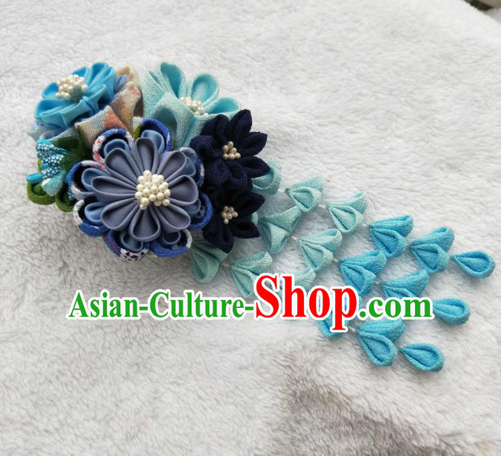 Traditional Japanese Hair Accessories Japan Geisha Kimono Blue Silk Flowers Tassel Hair Claw for Women