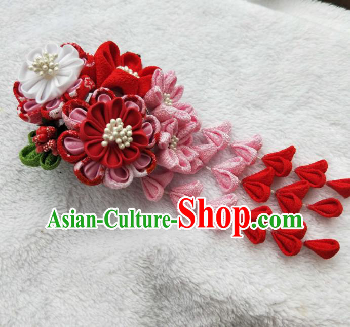 Traditional Japanese Hair Accessories Japan Geisha Kimono Pink Silk Flowers Tassel Hair Claw for Women