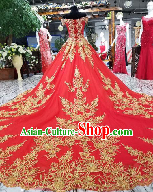 Chinese Customize Embroidered Red Trailing Wedding Dress Top Grade Court Bride Costume for Women