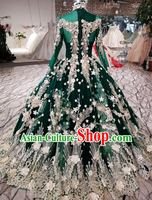 Top Grade Court Handmade Diamante Green Full Dress Customize Modern Fancywork Waltz Dance Costume for Women