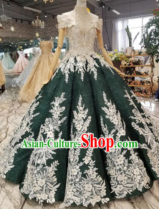 Top Grade Modern Fancywork Court Princess Dark Green Paillette Full Dress Customize Waltz Dance Costume for Women